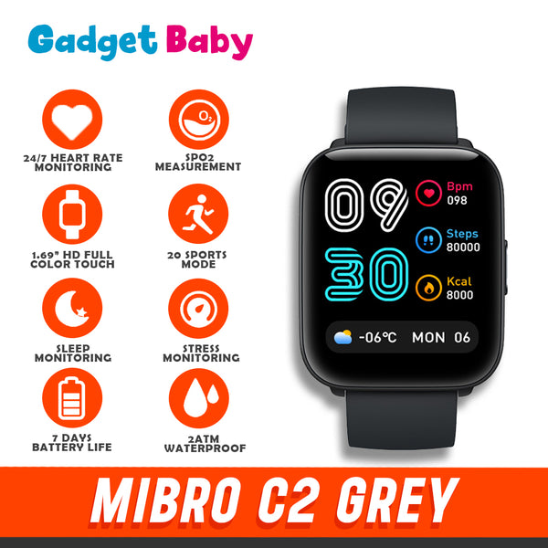 MiBro C2 Grey | Smartwatch | 1.69" Full HD Color | 20 Sports Mode | Stress Monitoring | Heart Rate Monitoring | 2 ATM Waterproof