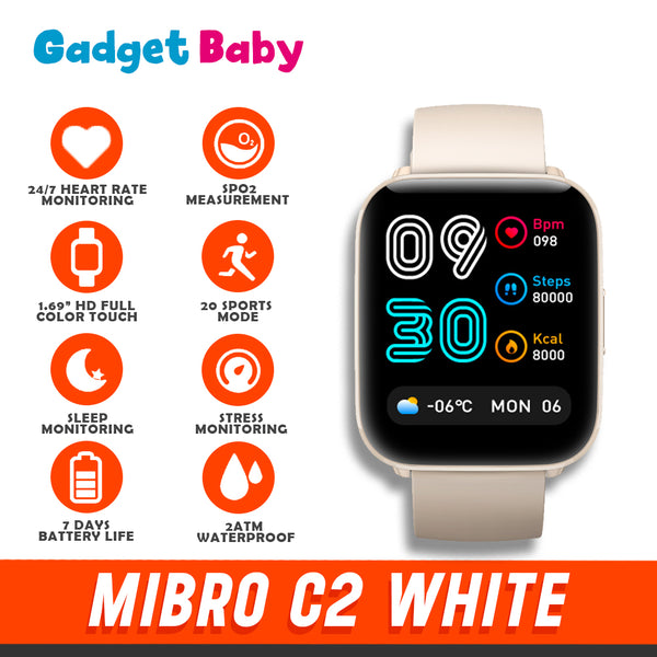 MiBro C2 White | Smartwatch | 1.69" Full HD Color | 20 Sports Mode | Stress Monitoring | Heart Rate Monitoring | 2 ATM Waterproof