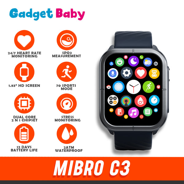 MiBro C3 | Smartwatch | 1.83" Full HD Screen | 70 Sports Mode | Dual Core 2 in 1 Chipset | Stress Monitoring | 2ATM Waterproof
