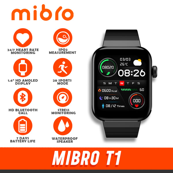 MiBro T1 | Smartwatch | 1.6" HD Amoled Screen | 20 Sports Mode | HD Bluetooth Call | Stress Monitoring | 2ATM Waterproof Speaker